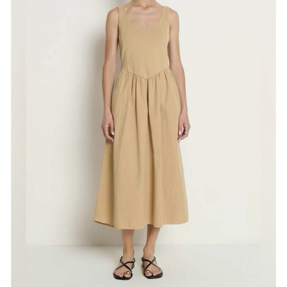 Nation Los Angeles Anthropolo Basque V Waist Midi Dress Sz L Toffee Ballet Pima